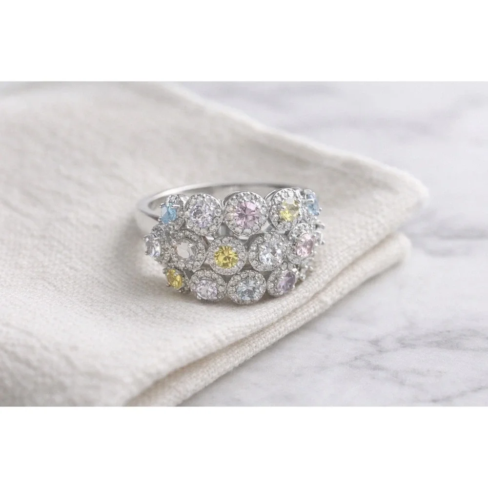 FZN 925 Sterling Pastel Multi Gemstone‎ Cluster Halo Statement Ring Sz 8.5-9